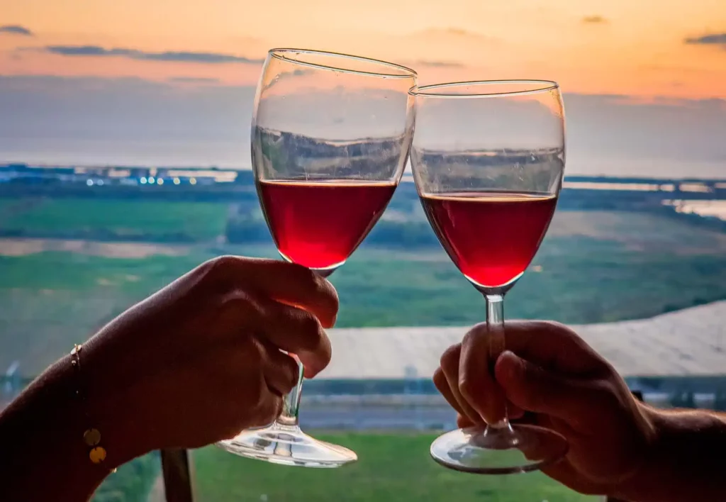 צילום תקריב של שתי ידיים אוחזות בכוסות יין עם יין אדום, על רקע שקיעה ציורית ושדות ירוקים